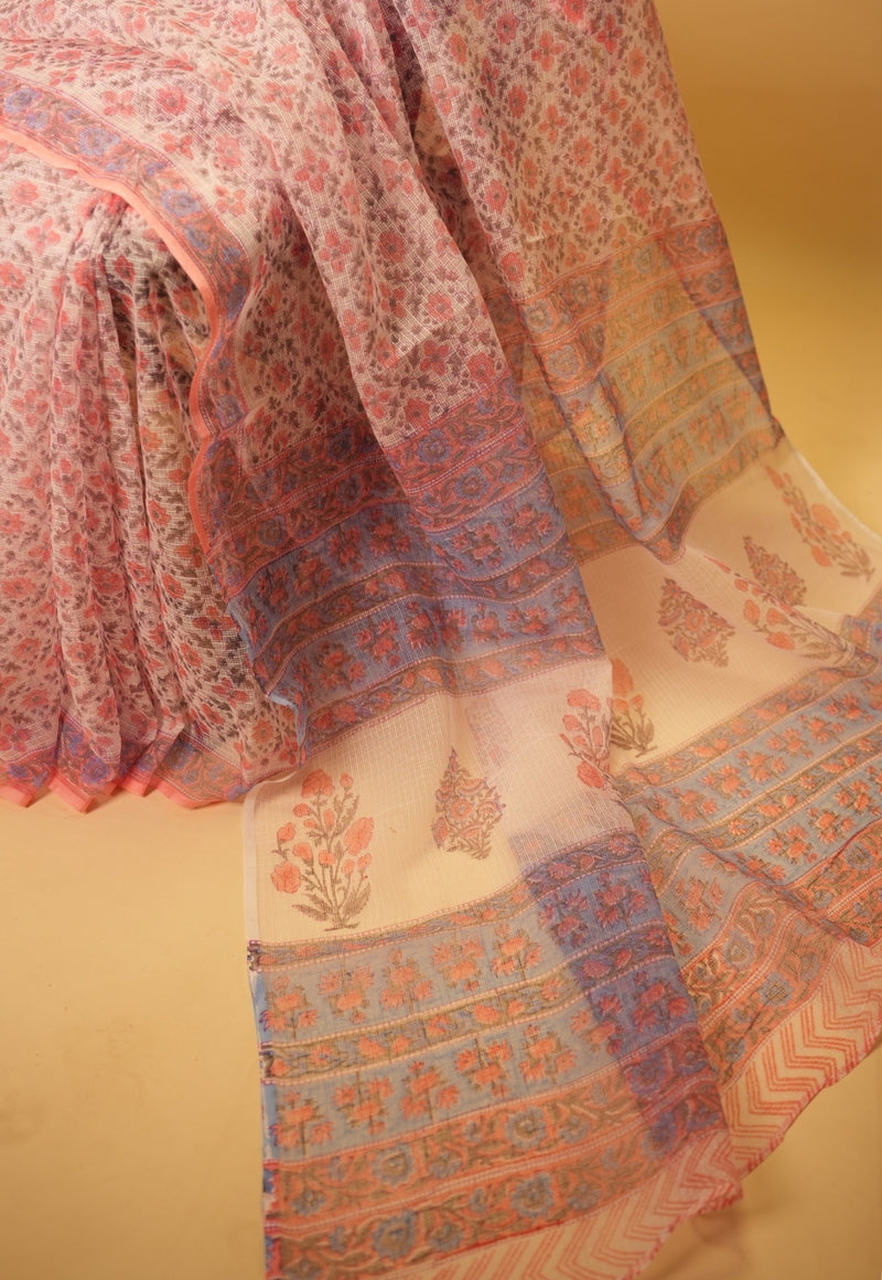 Pink Floral Sanganeri Hand Block Print Kota Doria Saree