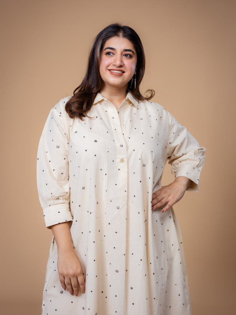 Ridah White Ajrakh Cotton A Line Dress