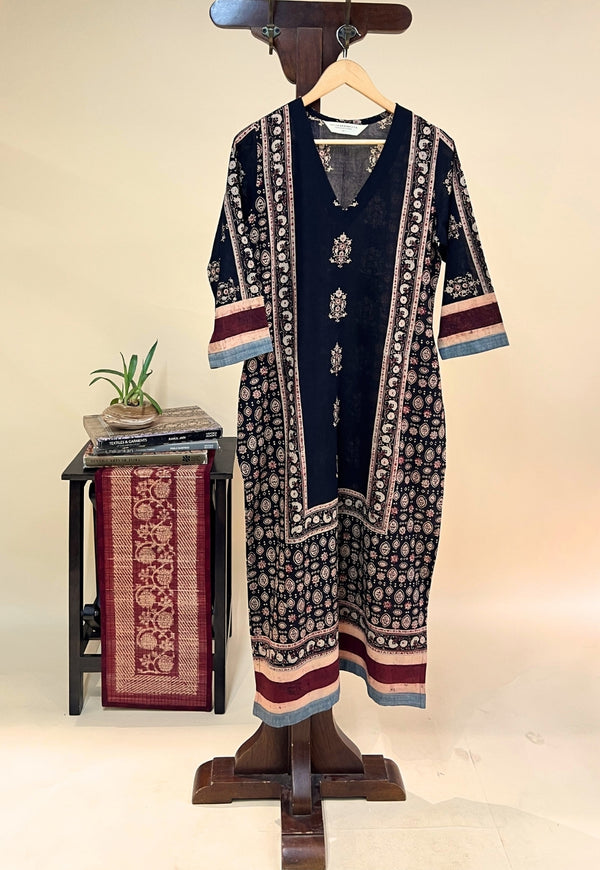 Elisha Black Ajrakh Cotton Straight Kurta