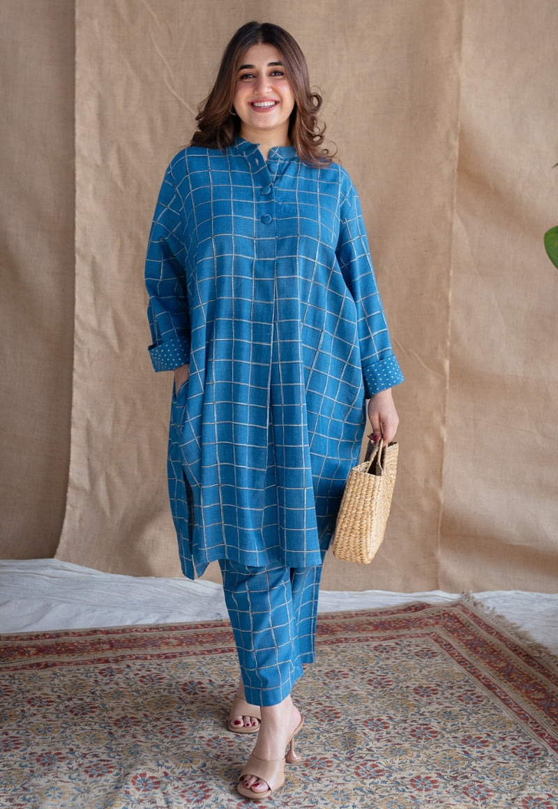 Riham Blue Loose Dabu Slub Cotton Co-ord Set (Set of 2)