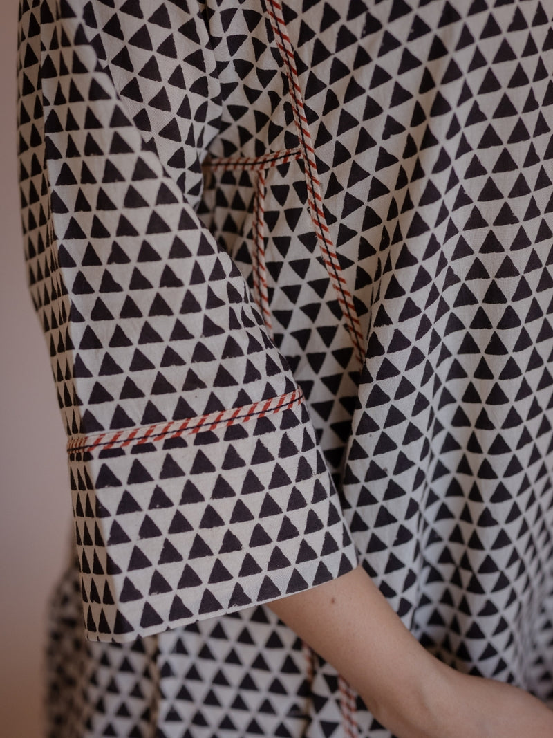 Nyra Off White Bagru Cotton Jhabbha Kali Kurta with Embroidery