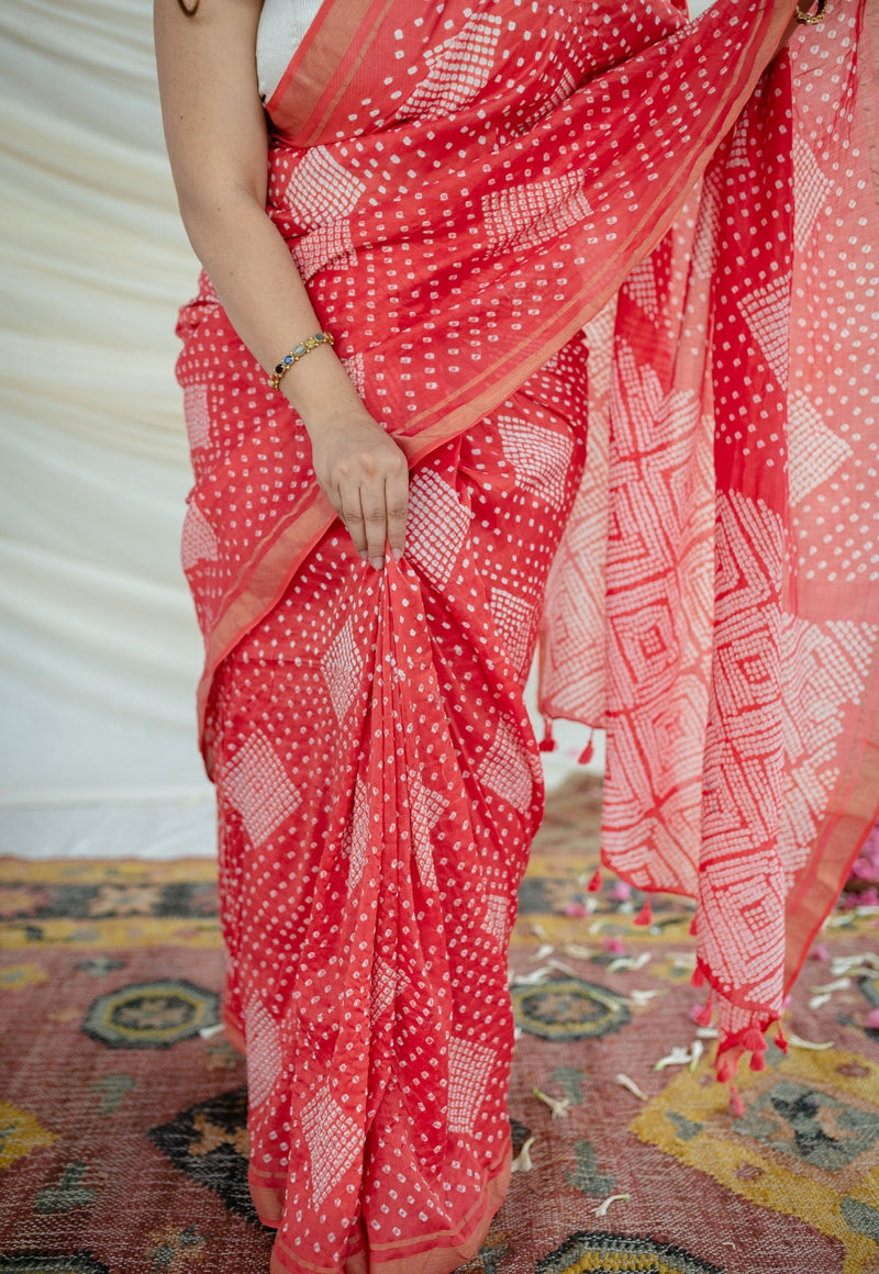 Ruby Red Bandhani Cotton Silk Saree