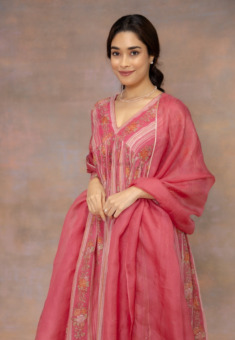 Rooz Pink Sanganeri Chanderi Silk A Line Kurta with Lace Detailing