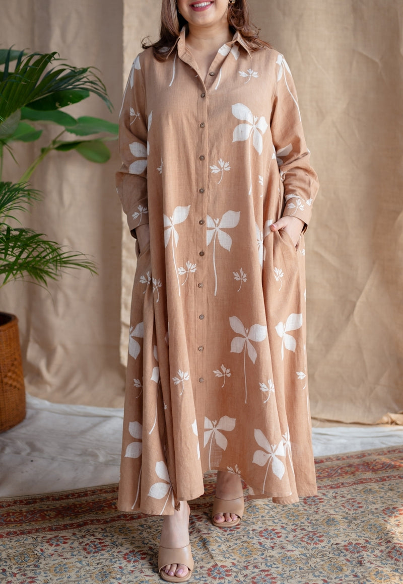 Trusha Light Brown A Line Dabu Slub Cotton Dress