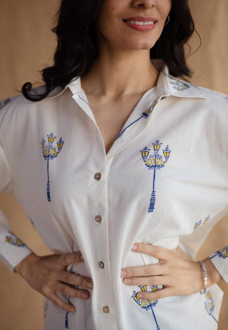 Ruhi White Block Printed Cotton Loose Shirt