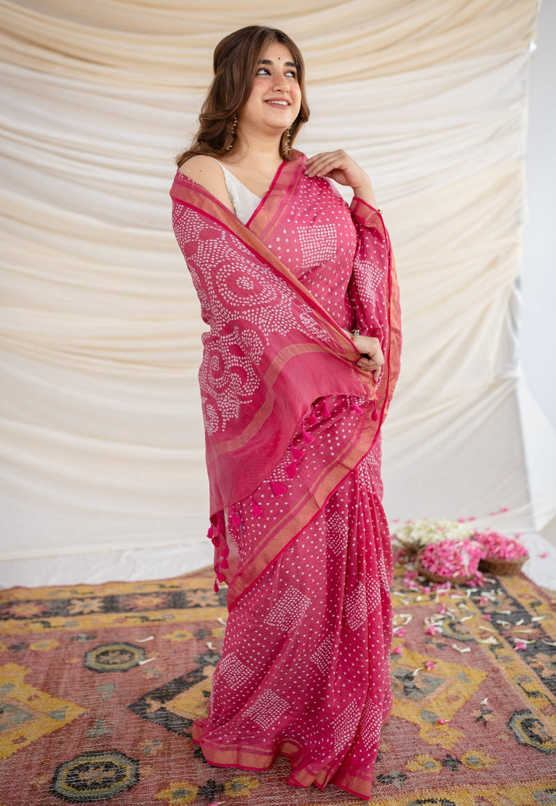 Pink Bandhani Cotton Silk Saree