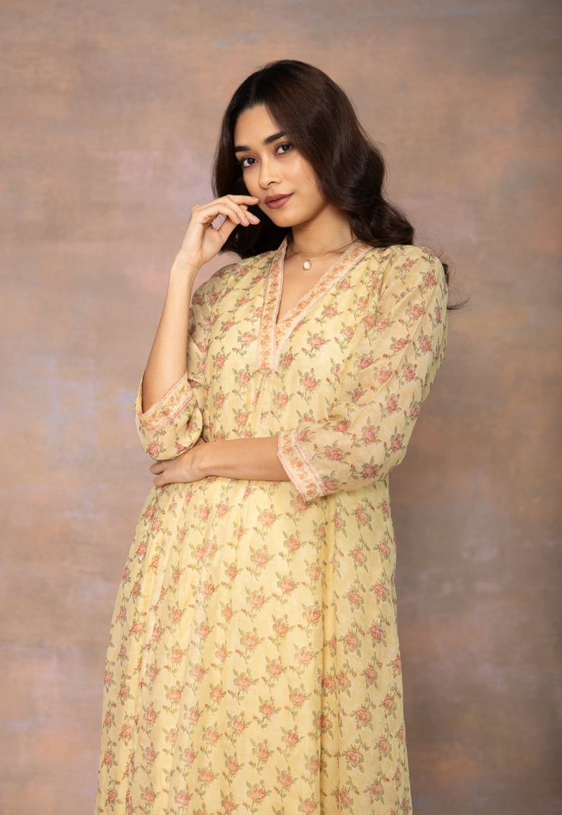 Rosa Yellow Sanganeri Chanderi Silk Kali Kurta