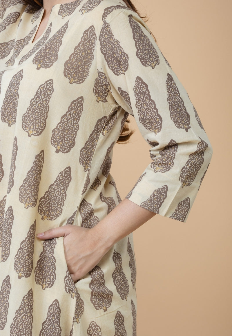 Daksha Beige Ajrakh Cotton A Line Kurta