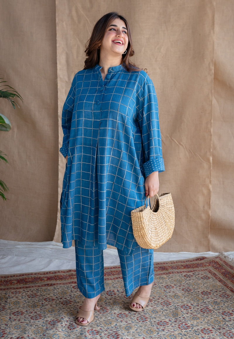 Riham Blue Loose Dabu Slub Cotton Co-ord Set (Set of 2)