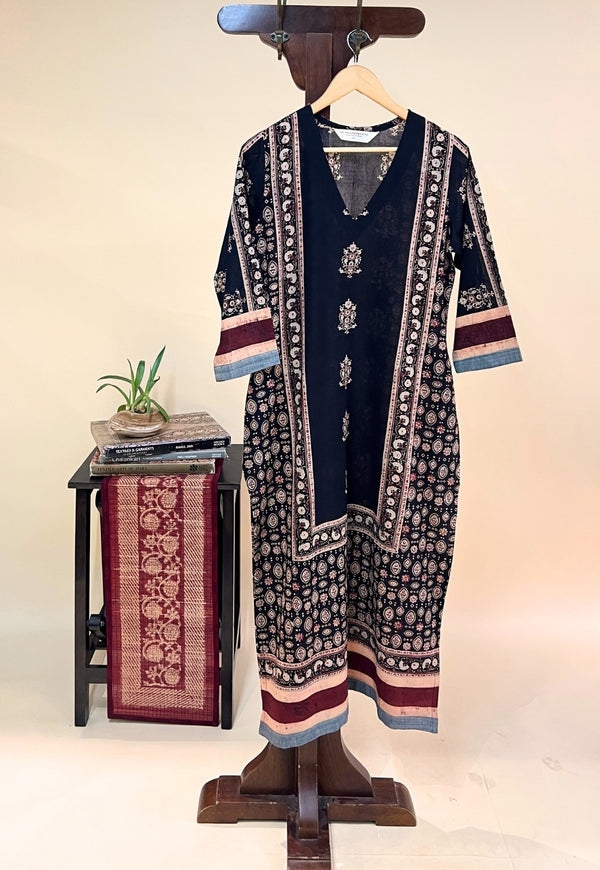 Elisha Black Ajrakh Cotton Straight Kurta