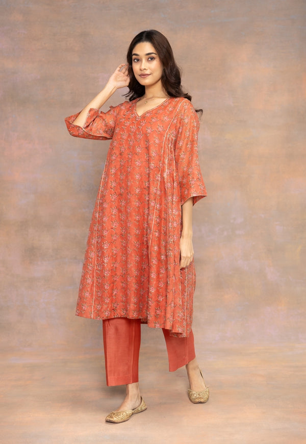Rosa Orange Sanganeri Chanderi Silk Kali Kurta with Lace Detailing and Slip