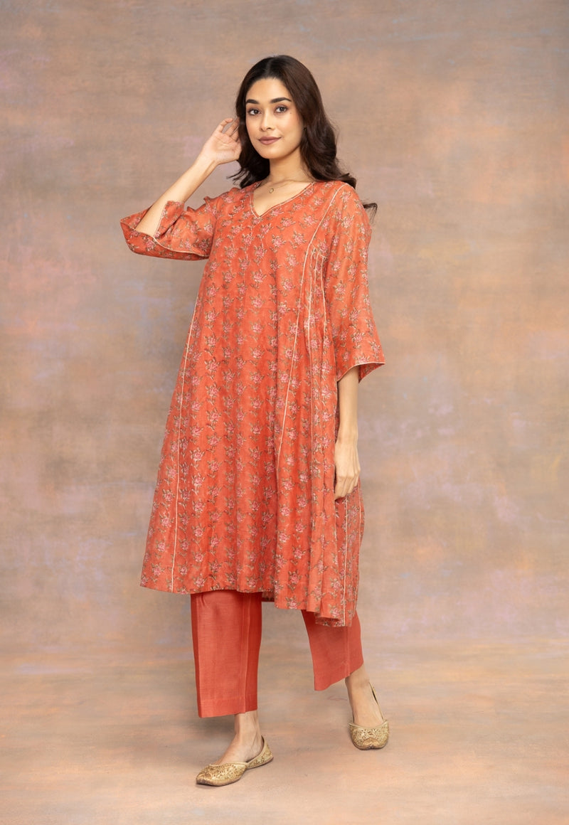Rosa Orange Sanganeri Chanderi Silk Kali Kurta with Lace Detailing and Slip