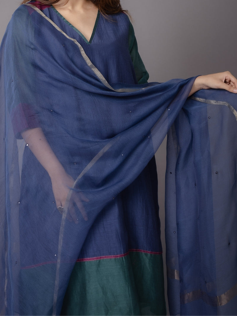 Cobalt Blue Solid Zari Silk Net Dupatta with Hand Embroidery