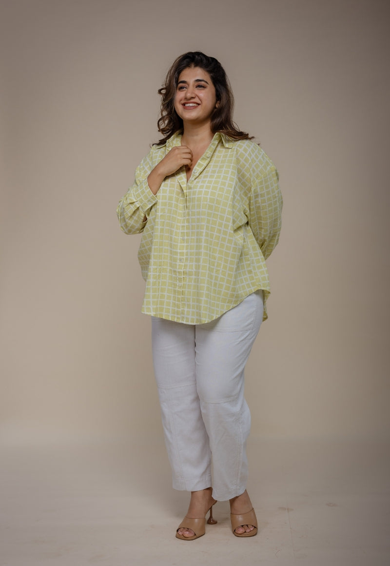 Ruhi Green Hand Block Print Slub Cotton Anti-Fit Shirt