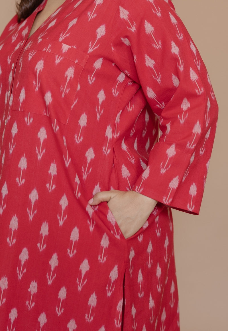 Rusha Red Handloom Ikkat Cotton Straight Kurta