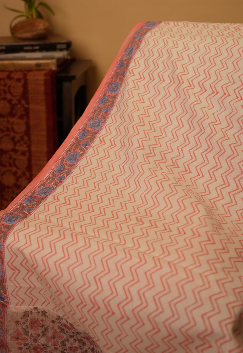 Pink Floral Sanganeri Hand Block Print Kota Doria Saree