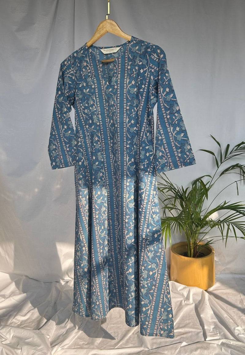 Malika Blue Dabu Slub Cotton Kali Kurta