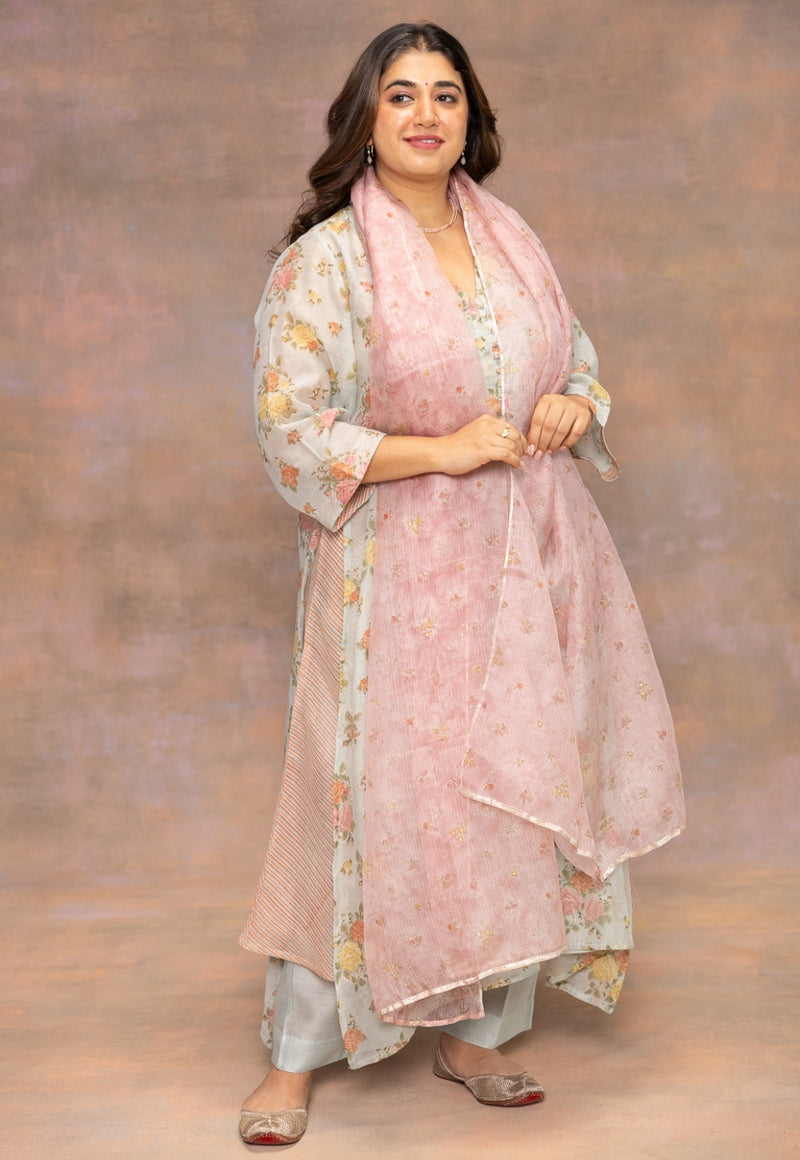 Rosalie Blue Sanganeri Chanderi Silk A Line Kurta with Hand Embroidery and Slip