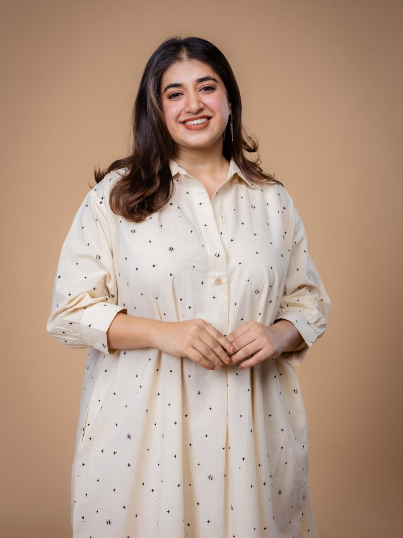 Ridah White Ajrakh Cotton A Line Dress