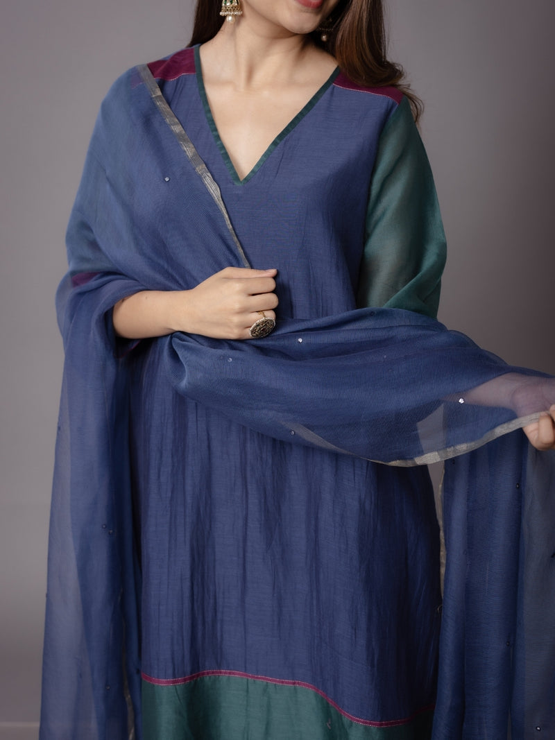 Cobalt Blue Solid Zari Silk Net Dupatta with Hand Embroidery