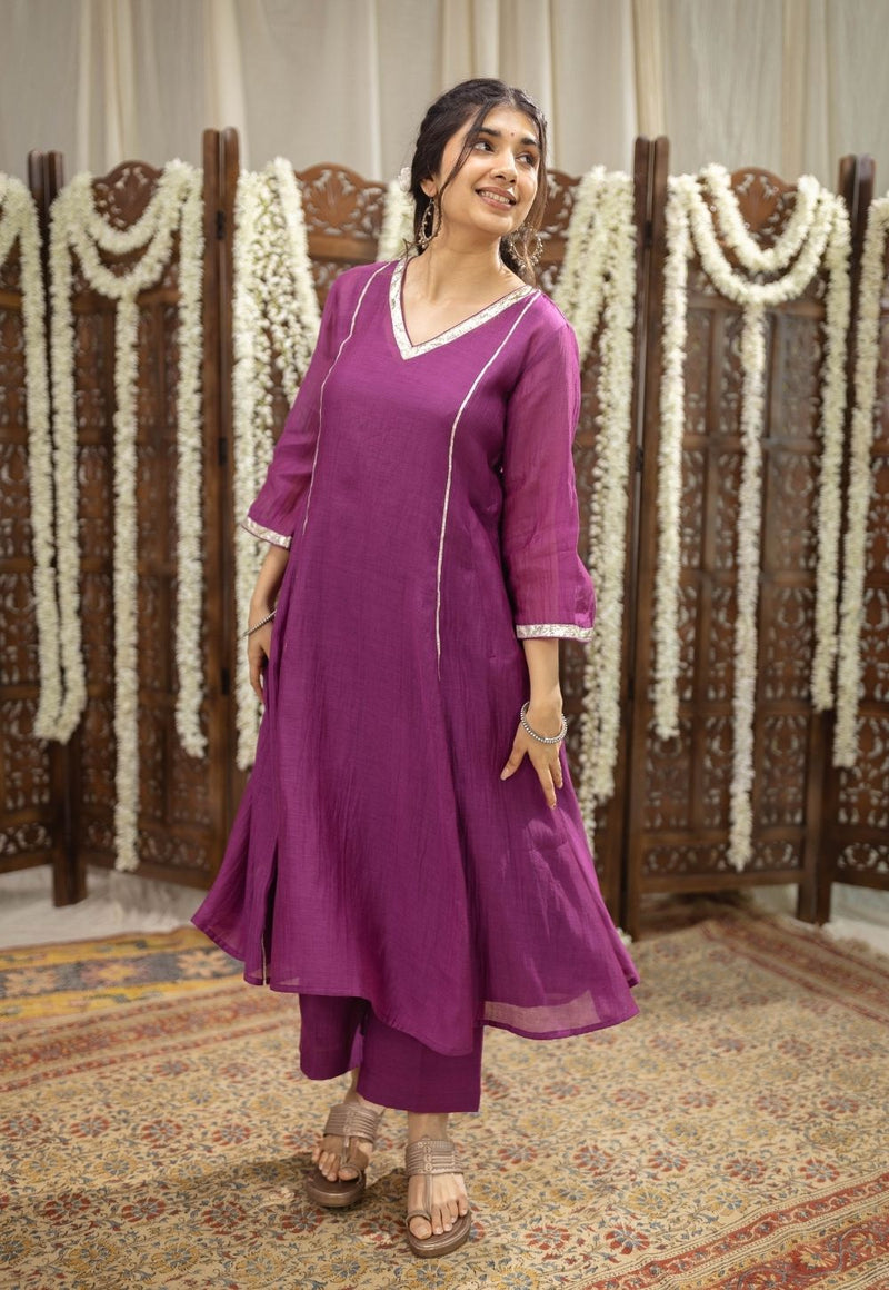 Nitara Purple Kali Chanderi Silk Gota Patti Kurta Set (Set of 3)