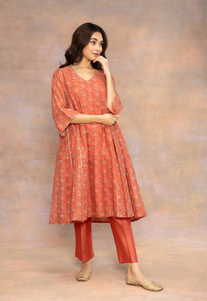 Rosa Orange Sanganeri Chanderi Silk Kali Kurta with Lace Detailing and Slip