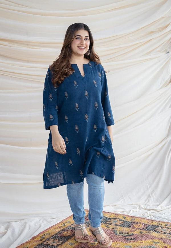 Hitanshi Slub Cotton Indigo Short Kurta