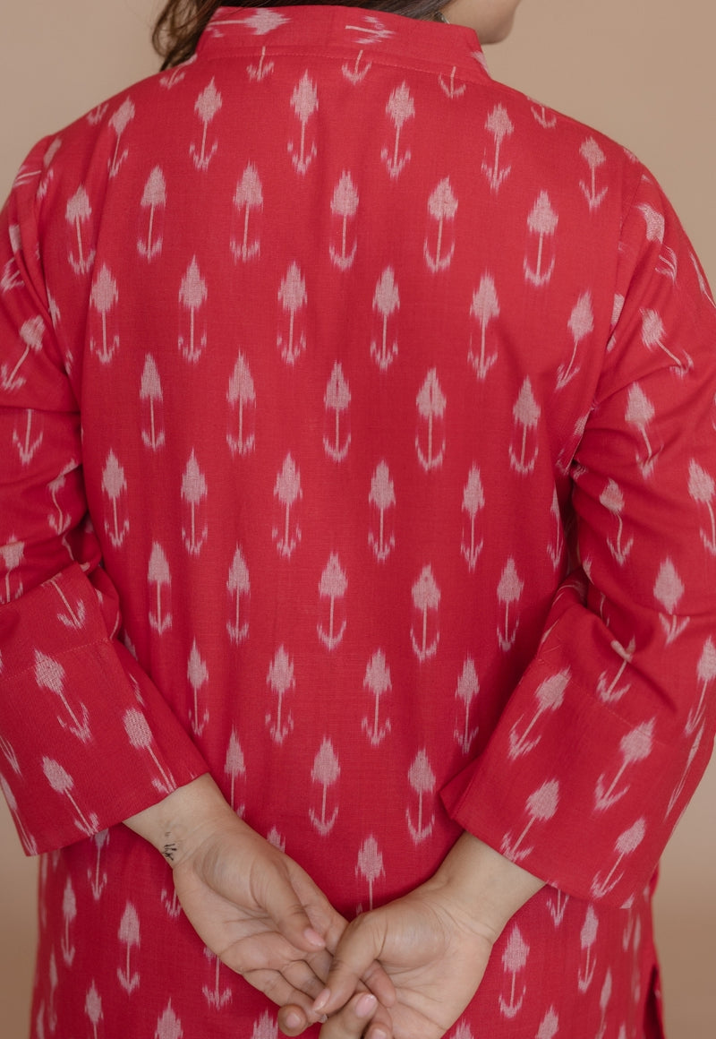 Rusha Red Handloom Ikkat Cotton Straight Kurta