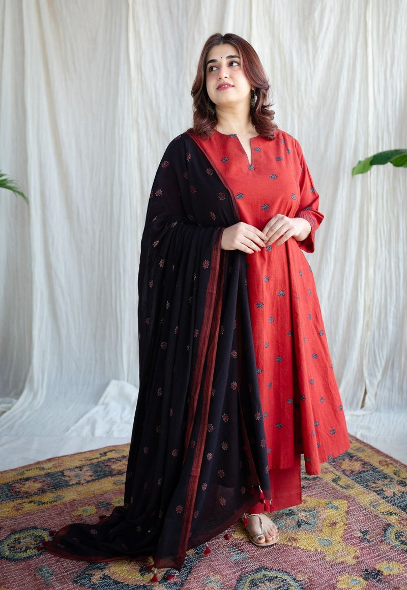 Kamal Charcoal Ajrakh MulMul Handblock Printed Dupatta