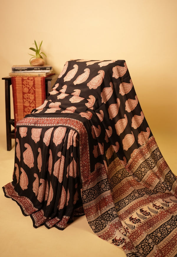 Black Paisley Bagru Hand Block Print Modal Saree