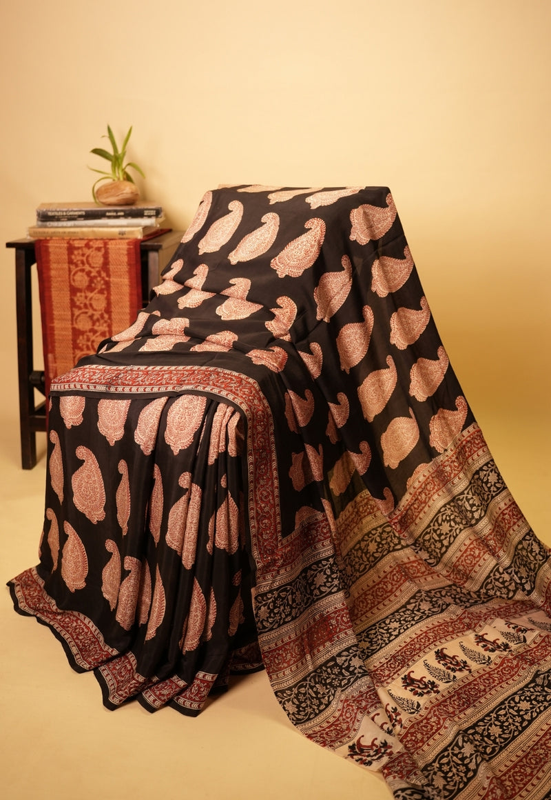 Black Paisley Bagru Hand Block Print Modal Saree