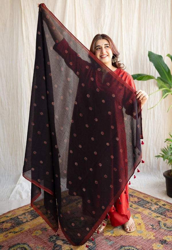 Kamal Charcoal Ajrakh MulMul Handblock Printed Dupatta