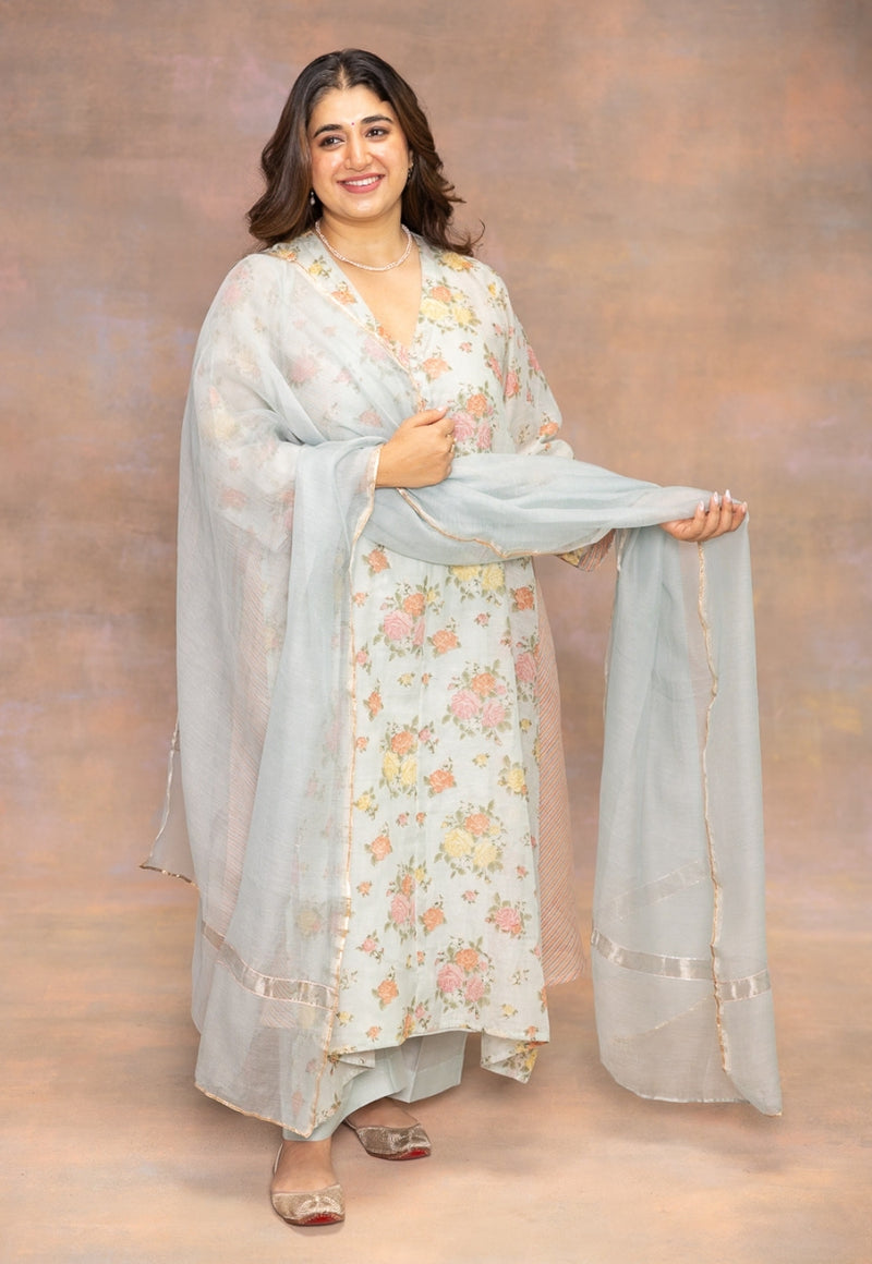 Yashi Blue Solid Chanderi Silk Straight Pant