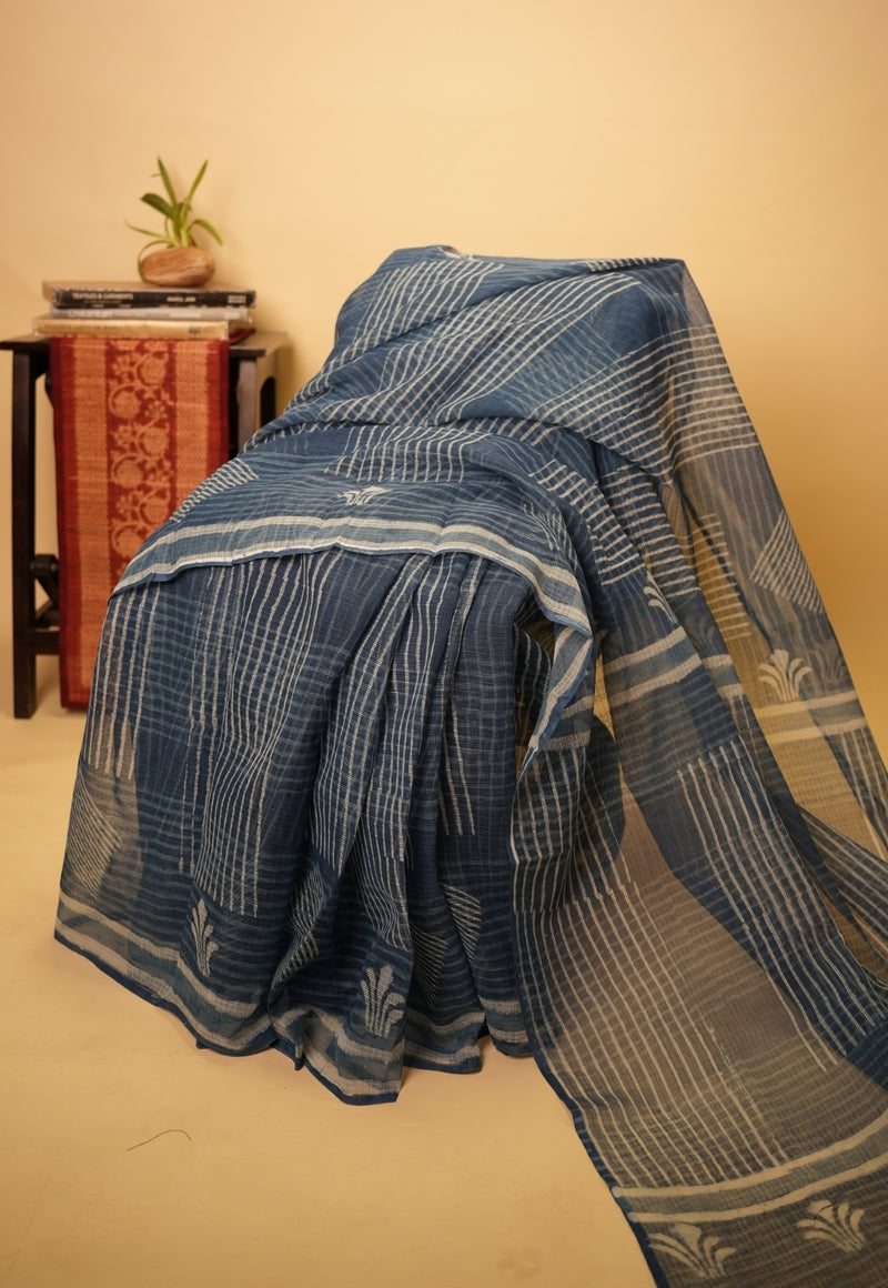 Blue Checks Dabu Hand Block Print Kota Doria Saree