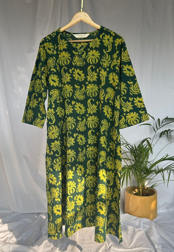 Malika Green Dabu Cotton Kali Kurta