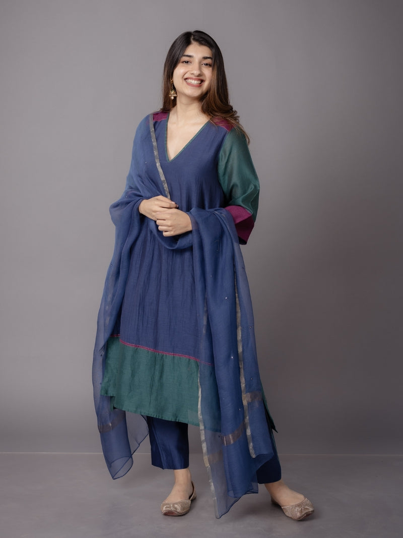 Cobalt Blue Solid Zari Silk Net Dupatta with Hand Embroidery