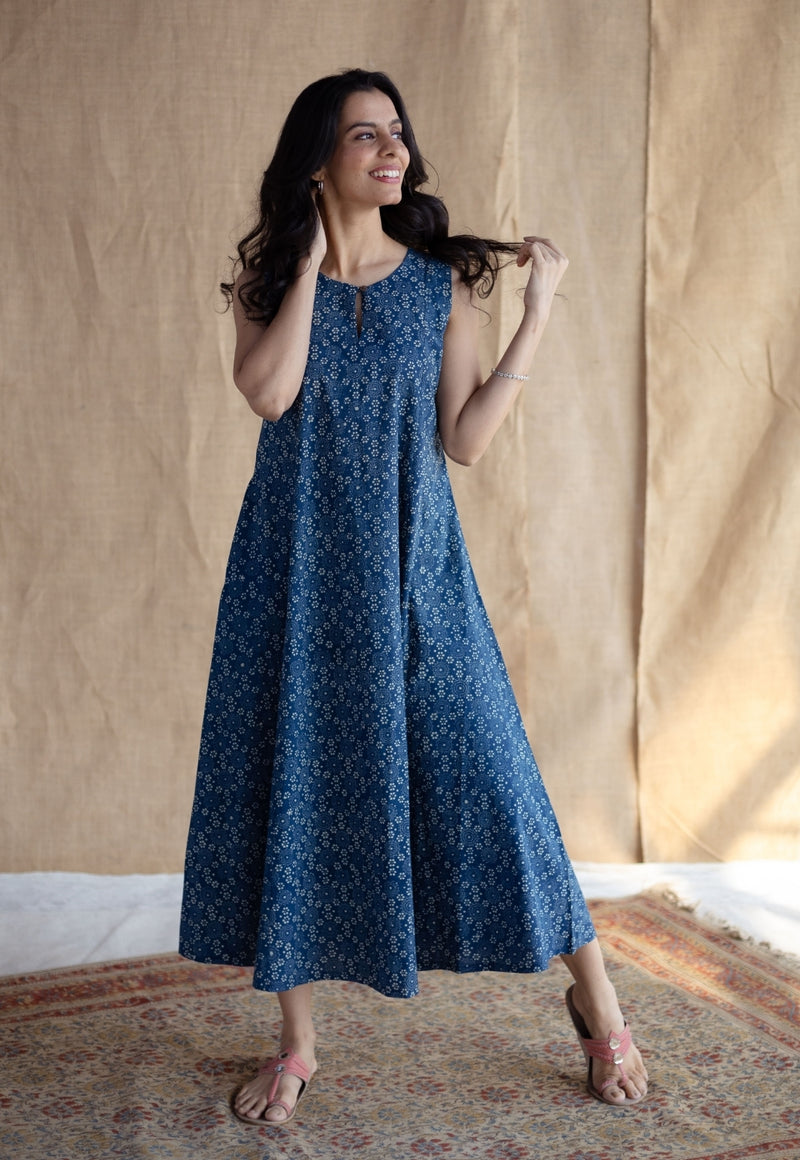 Nafrin Indigo Ajrakh Cotton A Line Dress