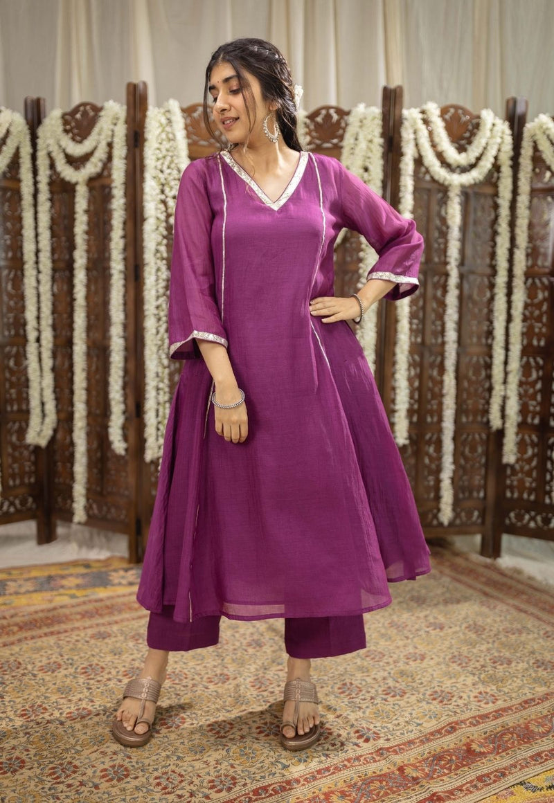 Nitara Purple Kali Chanderi Silk Gota Patti Kurta Set (Set of 3)