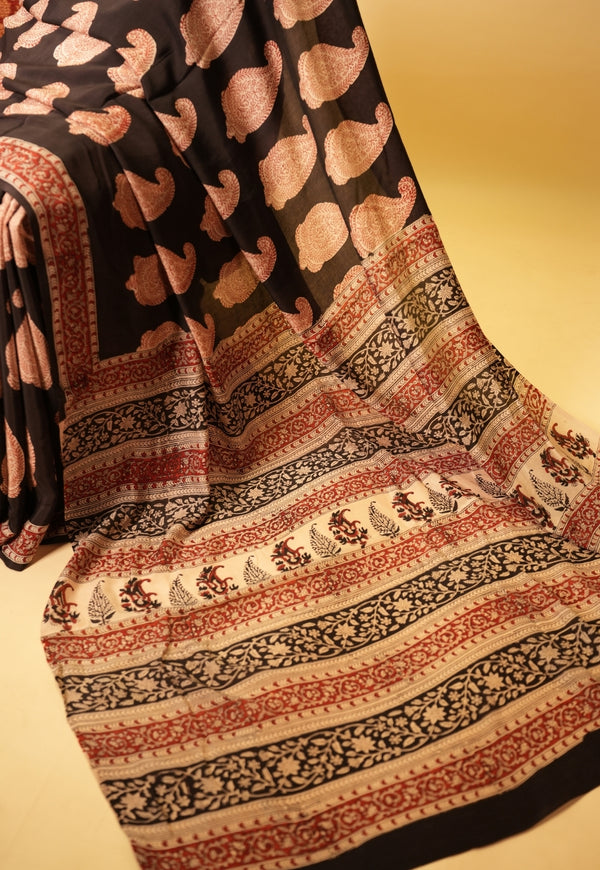 Black Paisley Bagru Hand Block Print Modal Saree