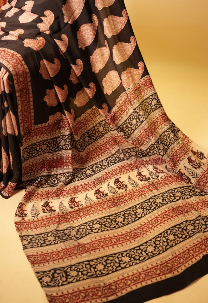 Black Paisley Bagru Hand Block Print Modal Saree