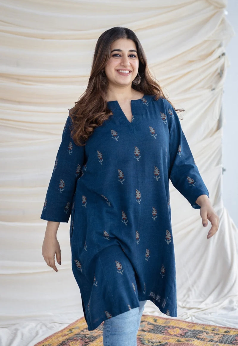 Hitanshi Slub Cotton Indigo Short Kurta