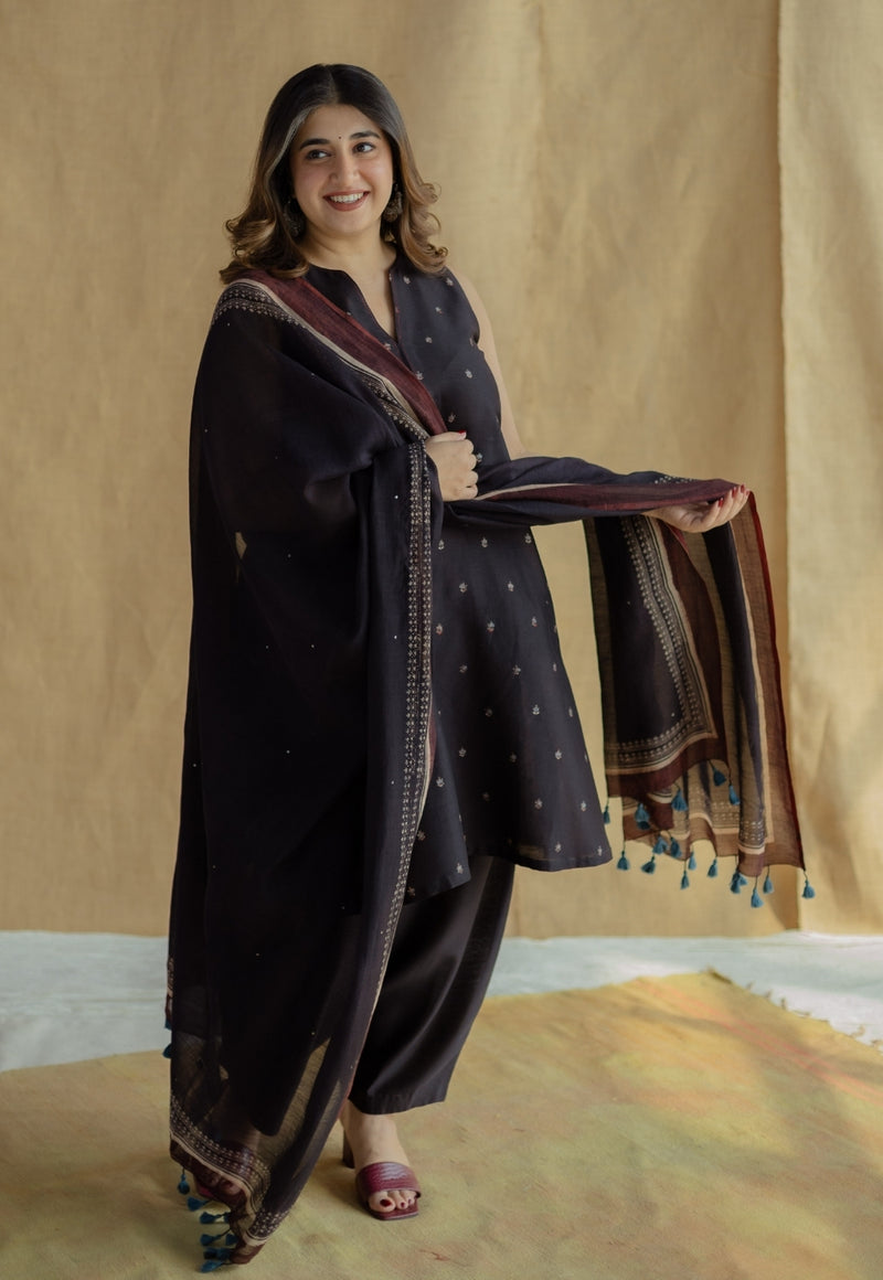 Black Ajrakh Chanderi Silk Dupatta with Embroidery