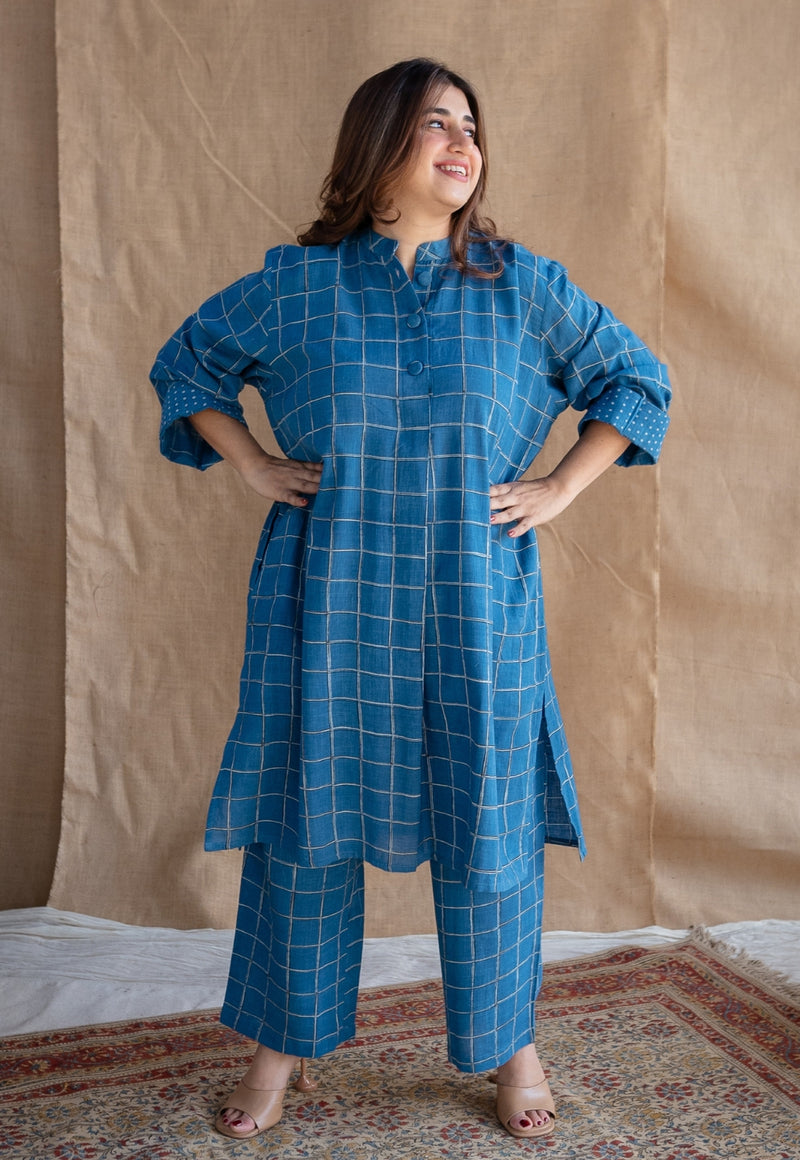 Riham Blue Loose Dabu Slub Cotton Co-ord Set (Set of 2)