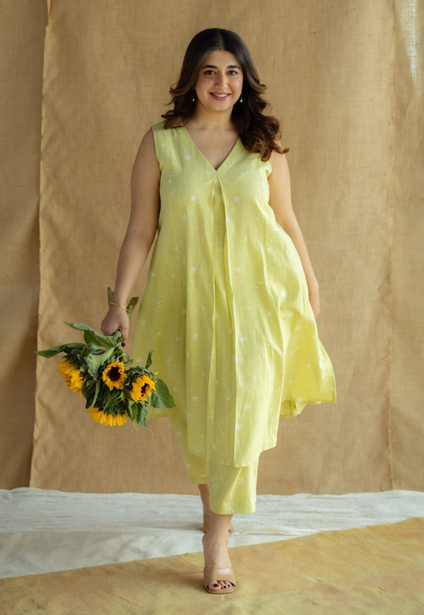 Raahi Lime Green Hand Block Print Slub Cotton A Line Co-Ord Set