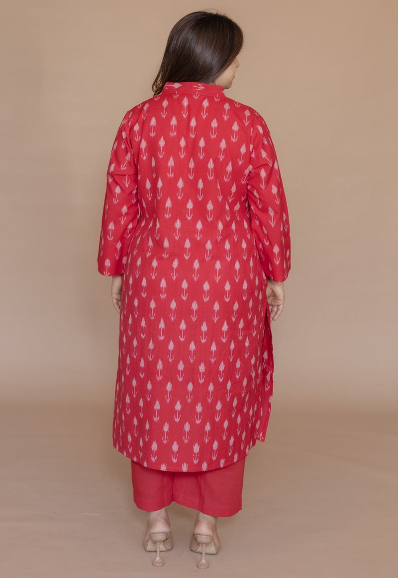 Rusha Red Handloom Ikkat Cotton Straight Kurta