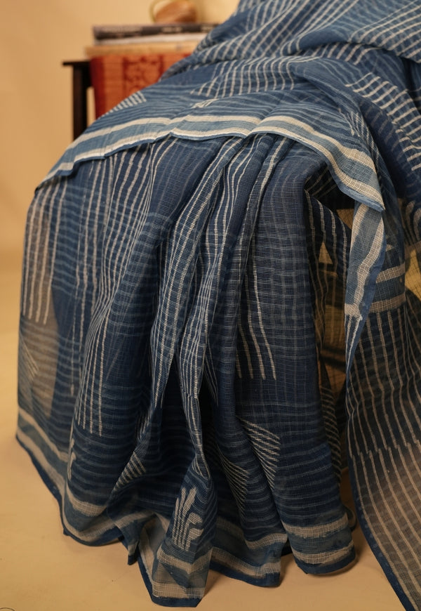 Blue Checks Dabu Hand Block Print Kota Doria Saree