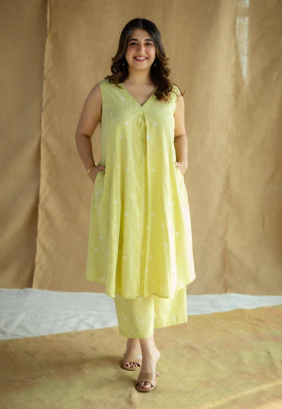 Raahi Lime Green Hand Block Print Slub Cotton A Line Co-Ord Set