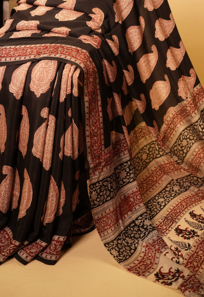 Black Paisley Bagru Hand Block Print Modal Saree