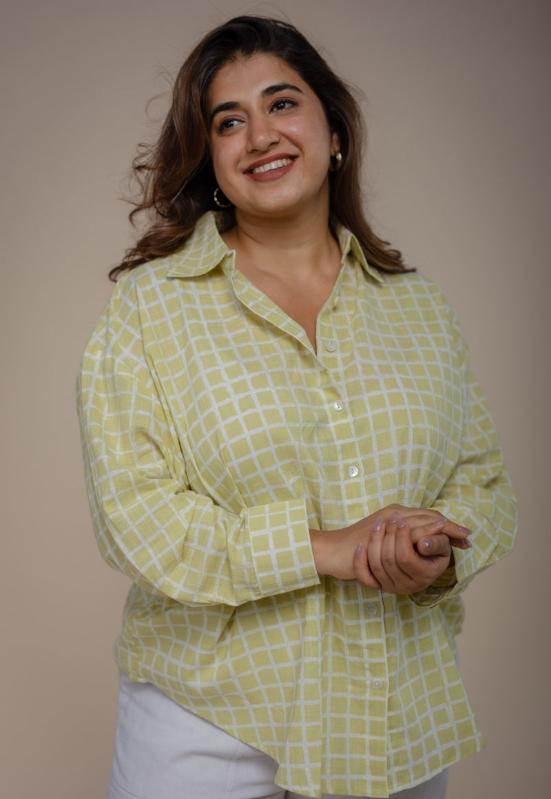 Ruhi Green Hand Block Print Slub Cotton Anti-Fit Shirt