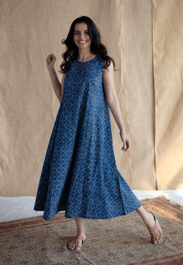 Nafrin Indigo Ajrakh Cotton A Line Dress